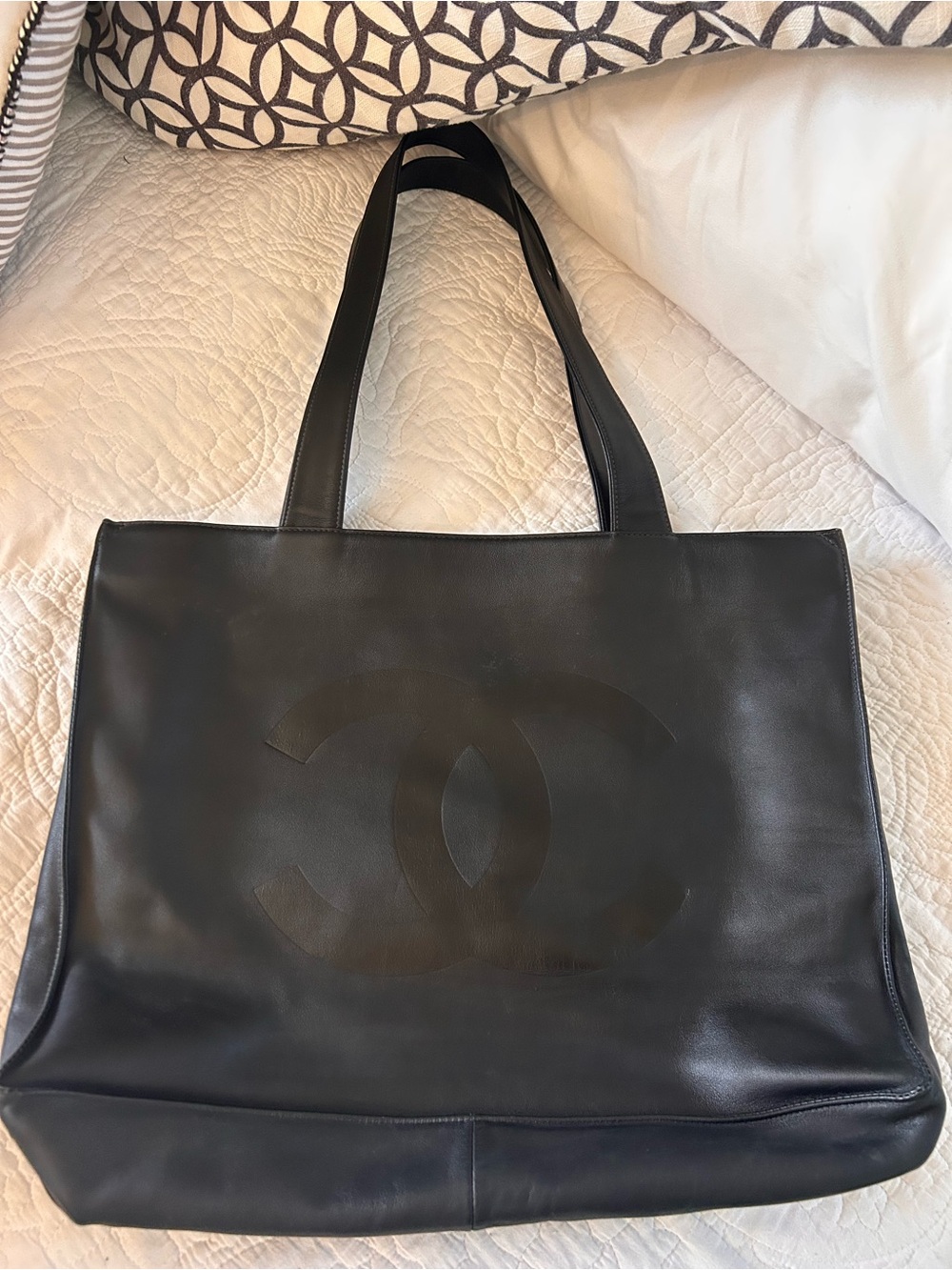 CHANEL Black Leather CC Tote with Top Handles